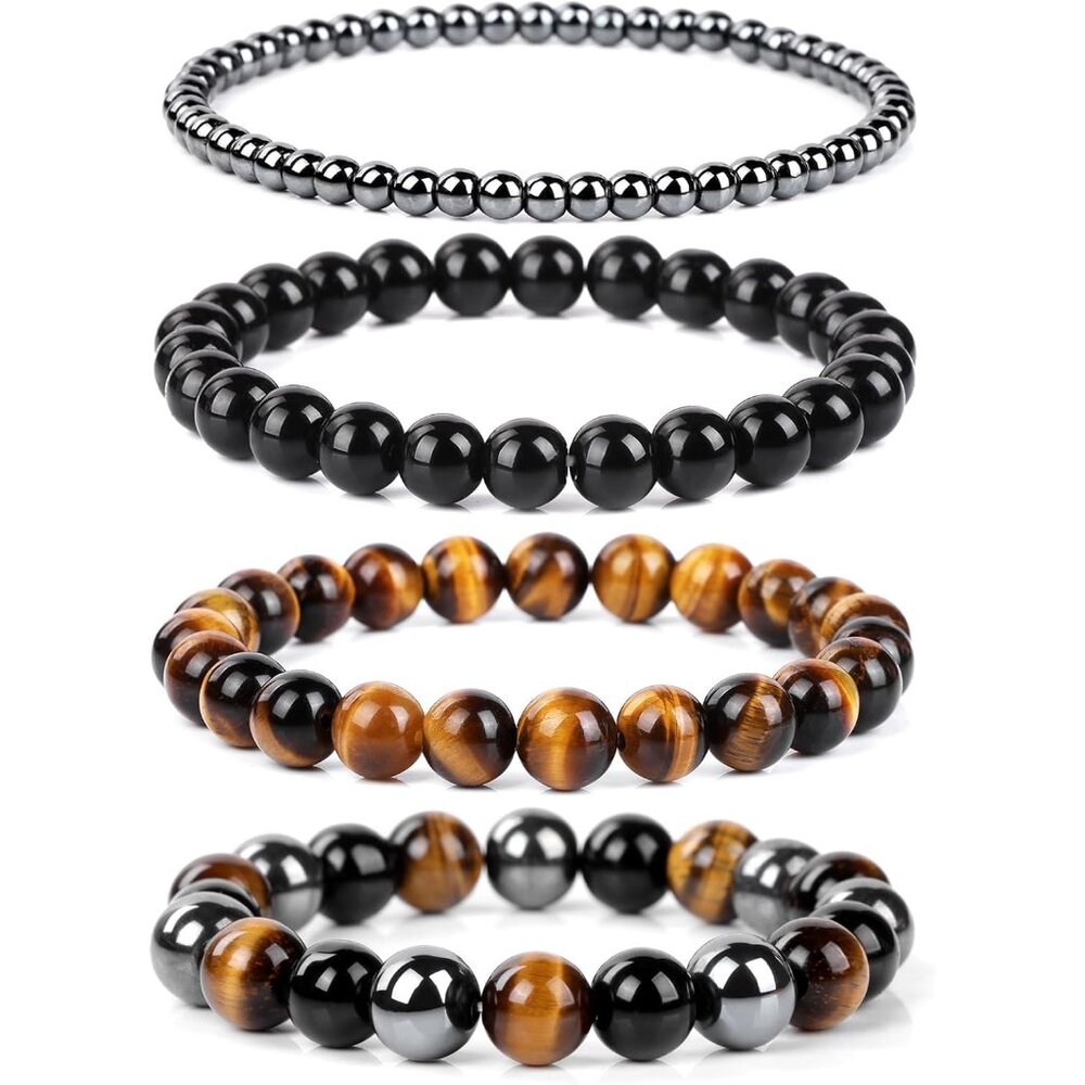 4 Adjustable Beaded Bracelets with Tiger Eye & Obsidian for Balance & Power